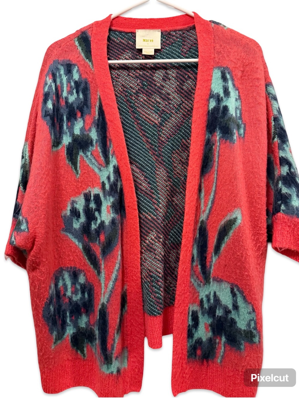 Anthropologie Maeve Coral/Pink Floral Open Cardigan with Teal Accents